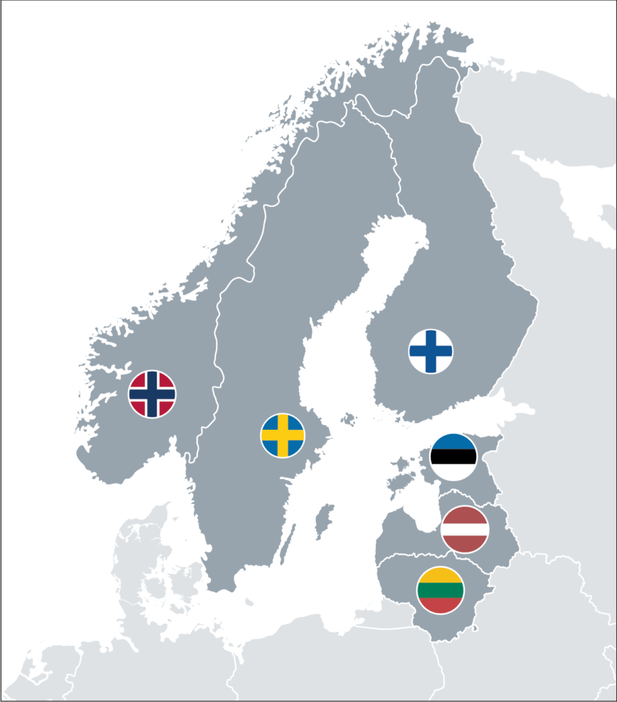 Karta över Norden och Baltikumdär Norge, Sverige, Finland, Estland, Lettland och Litauen är utmarkerade