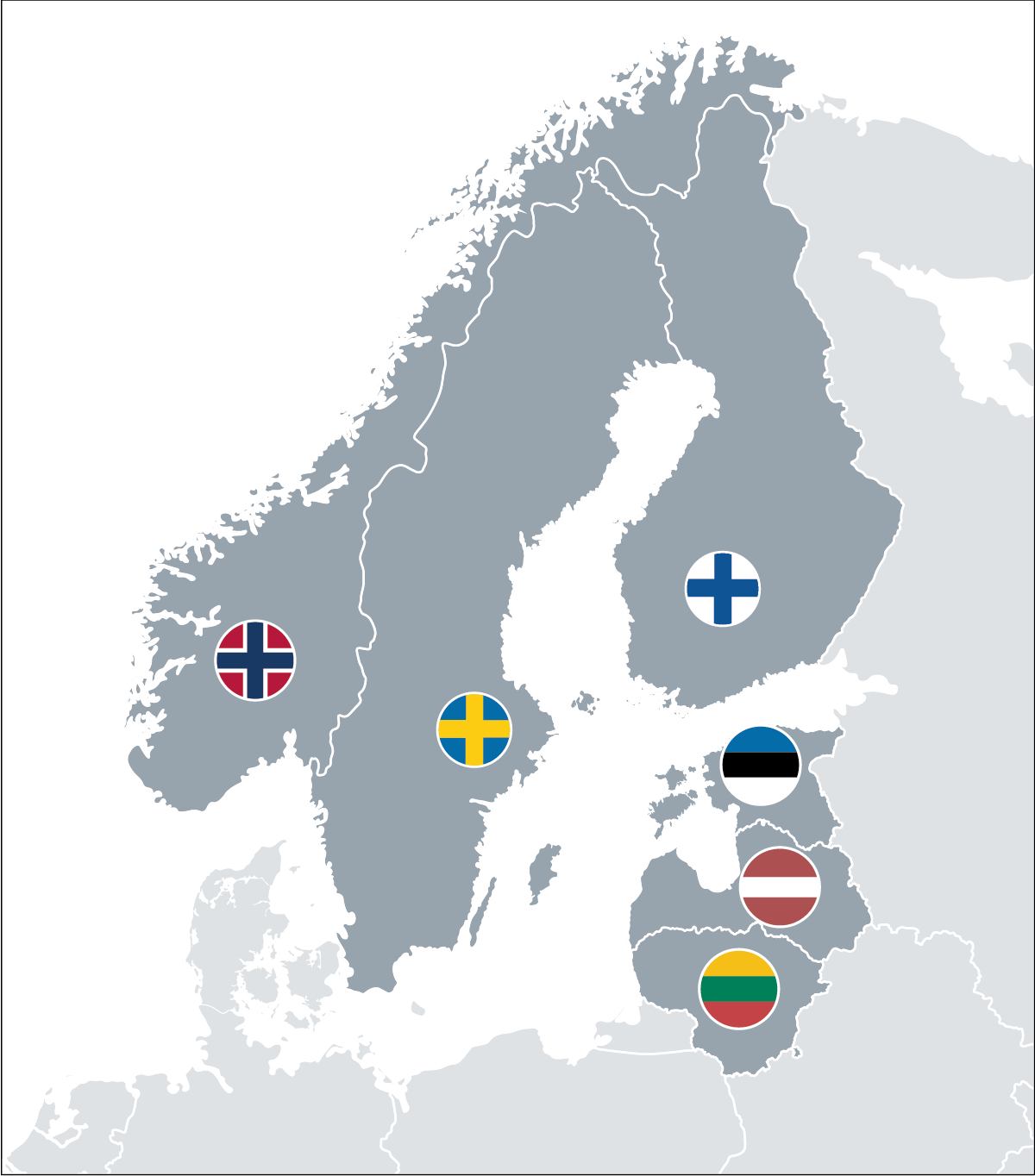 Karta över Norden och Baltikumdär Norge, Sverige, Finland, Estland, Lettland och Litauen är utmarkerade